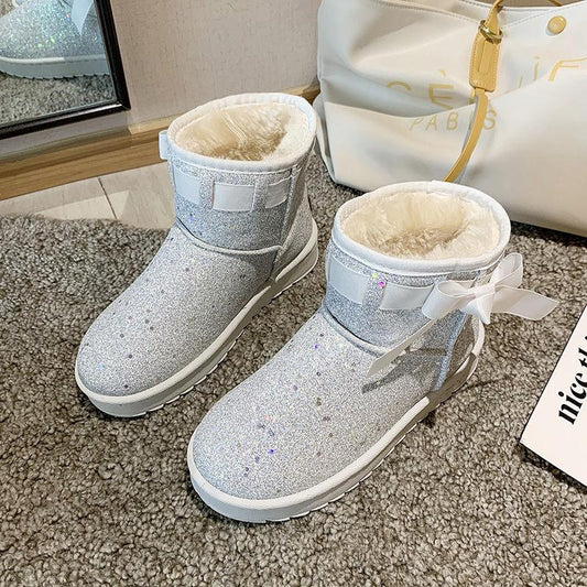 Bowknot Snow Boots Women's Winter Korean Version of Wild Plus Velvet Thick Warm Bread Shoes