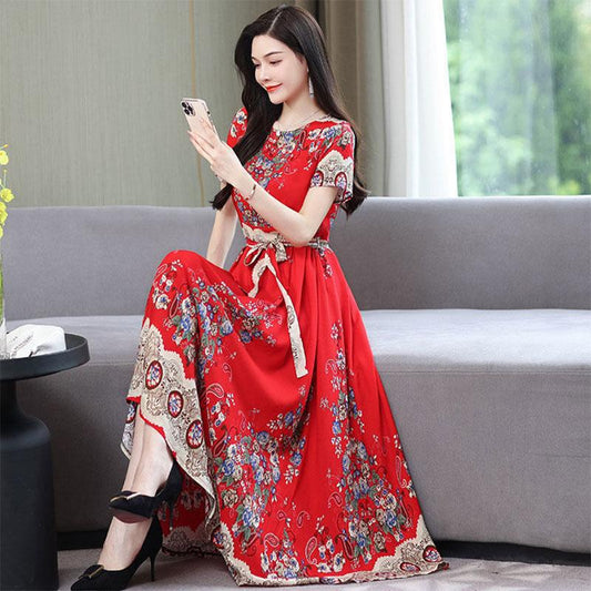 Cotton Silk Dress Female Mother's Dress Western Style Middle-aged and Elderly Plus Size Large Swing Skirt