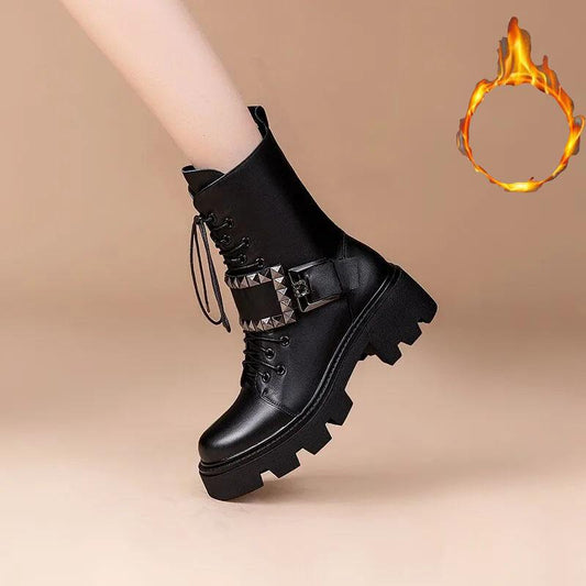 Autumn and Winter Martin Boots Belt Buckle Short Boots British Shoes Snow Boots Plus Velvet Warm Cotton Boots Motorcycle Shoes