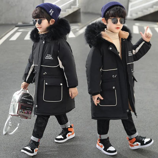 Boys' Padded Jackets Autumn and Winter Clothes Medium and Long Thick Padded-jacket Large Children Western Style Padded Coat Trendy Children