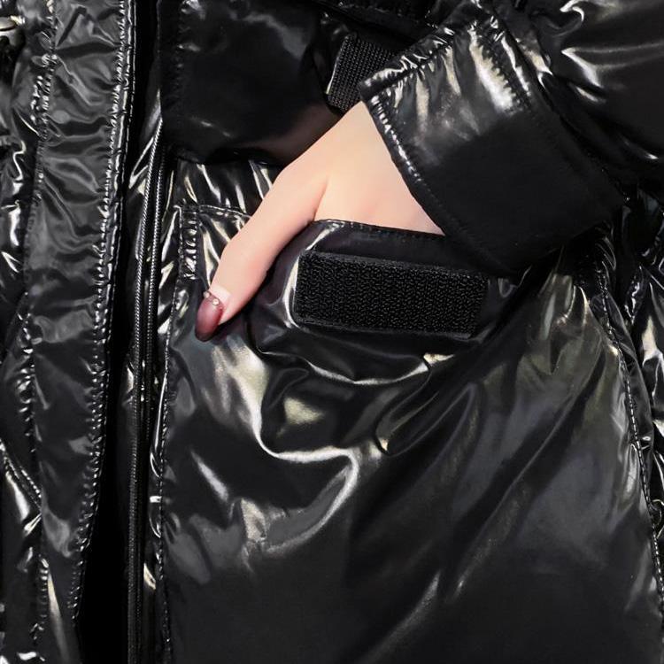 Black Shiny Down Jacket Women's Mid-length, Waist, Explosive, Large Fur Collar, Thickened Tooling Jacket