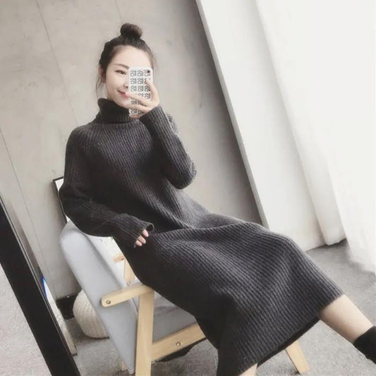 Autumn and Winter Women's Wool Sweater Warm High Neck Sweater Casual Loose Thickening Slimming Over The Knee Long Sweater Knitted Pull Pullover
