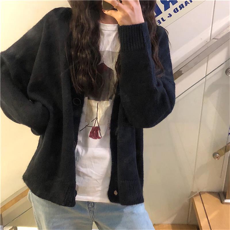 Lazy Style Sweater Jacket Female Net Red Korean Version of The V-neck Student Shirt Loose Knit Cardigan Solid Color