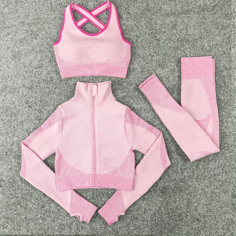 3PCS Seamless Knitted Yoga Suit Set Four Seasons Universal Hip Lift Fitness Sports Suit Gym Running Trousers Vest Long-sleeved Jacket Three-piece Set
