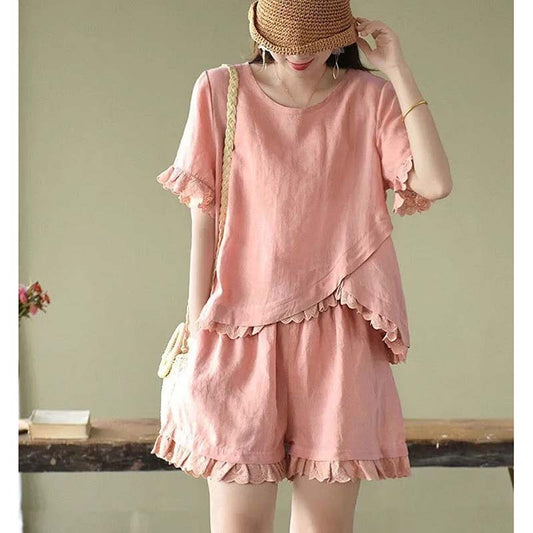 Pure Cotton Short-sleeved Shorts Suit Womens Summer Vintagbe Imitation Cotton and Linen T-shirt Short Sleeves Top Wide-leg Shorts Pants Two-piece Set