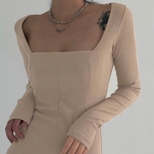 Elegant Square Neck Ribbed Dress Female Knitted Side Split Bodycon Dress Long Sleeve Fashion Mini Dresses Basic