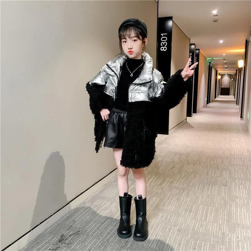 Girls' Thick and Velvet Warm Cotton Coat Winter Down and Windproof Cotton Jacket Girls Mid-length Padded Jacket