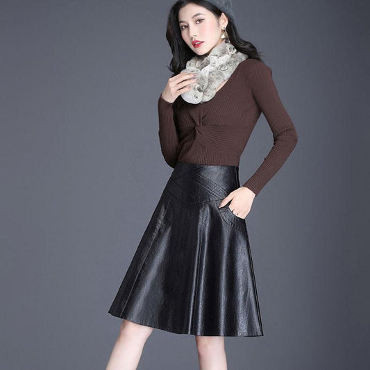 Black Ladies PU Leather Skirts Women Casual High Waist Zipper Solid Female Knee-length A-Line Skirt with Pocket