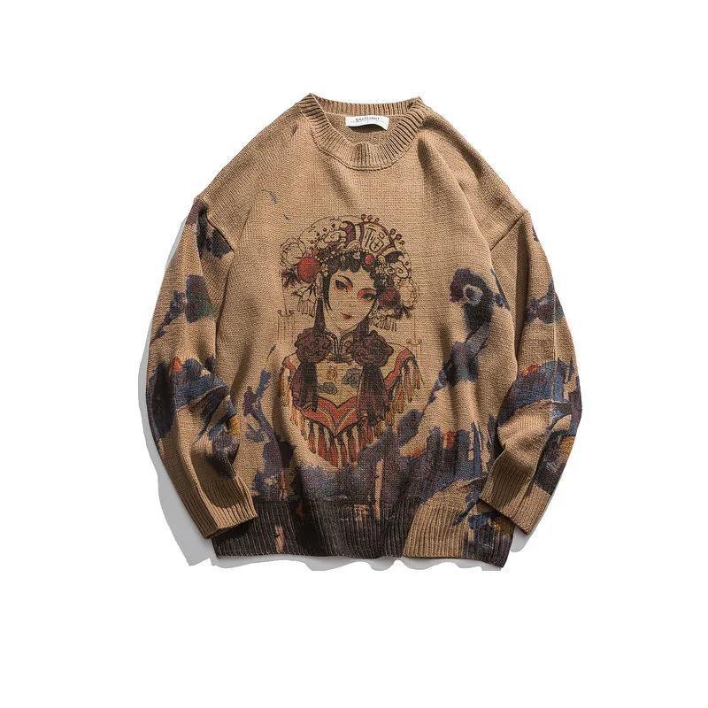 Men's Round Neck Sweater Slim-fit Chinese Style Printed and Dyed Pullover Sweater Street Loose Bf Style Casual Knit Sweater Top Suitable for Teenagers