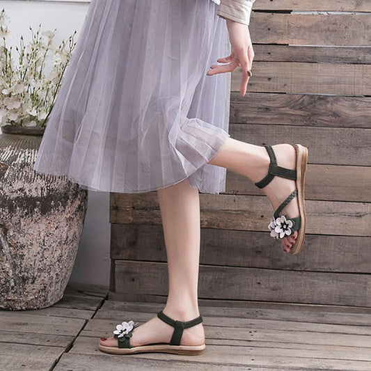 35-43 Large Size Fairy Shoes Flat-bottomed Gentle Flower Sandals Fashion Set Toe Slip-toe Beach Shoes