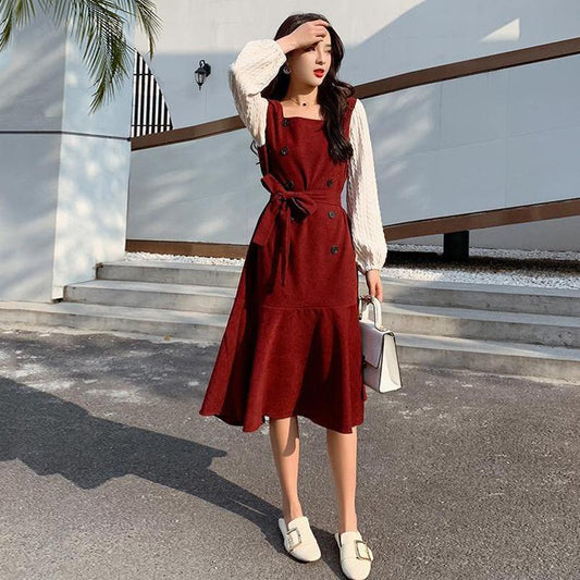 Large Size Dress Spring Dress Waist Waist Was Thin Fake Two Pieces of Western Style Age-reducing French Retro Long Skirt