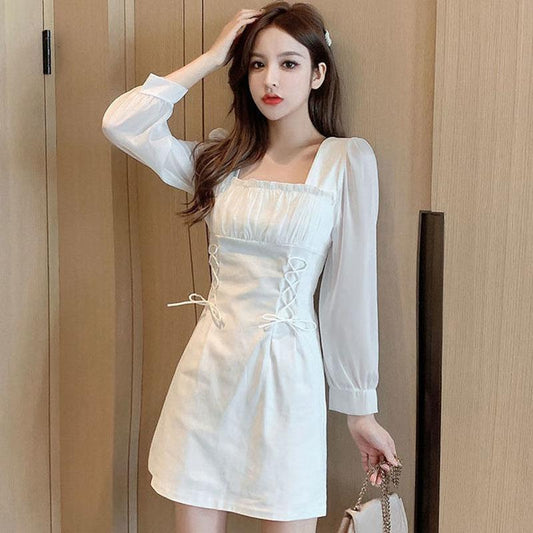 Autumn French Design Sense of Niche Temperament Skirt Is Thin Folds Square Collar White Waisted Celebrity Dress