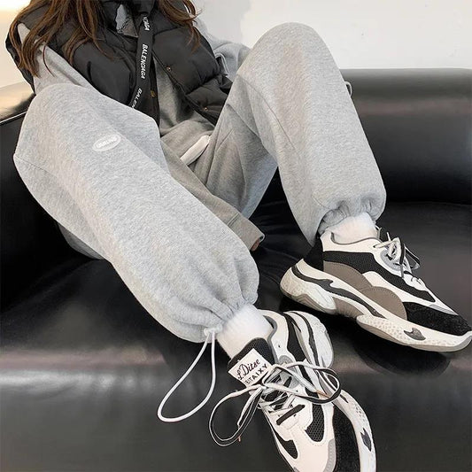 Plus Velvet Thick Gray Sweatpants Female Winter Students Loose Trousers Wide Leg Pants Lamb Wool Warm Casual Pants