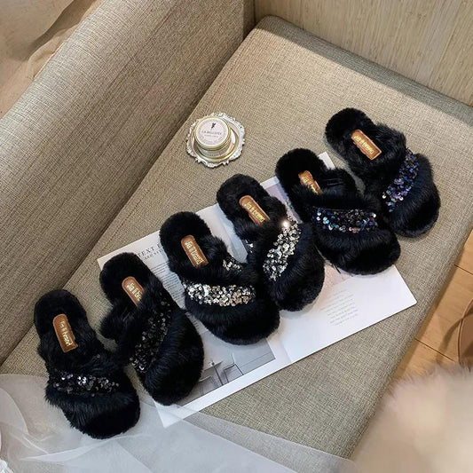 Ladies Cotton Slippers Shiny Flat Shoes Autumn and Winter Warmth Fluffy Casual Fashion