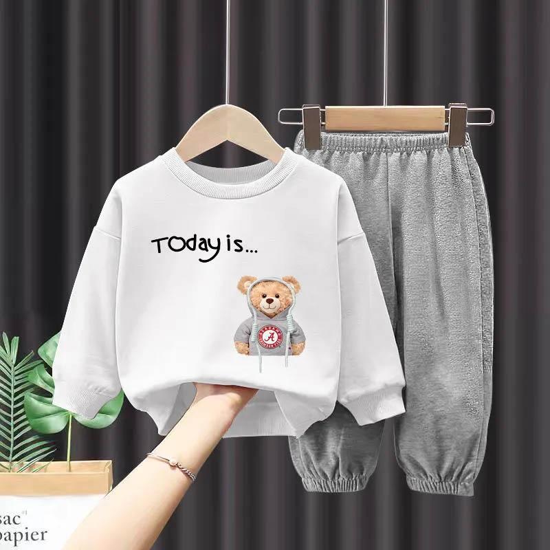 Boys Suit Spring and Autumn Cute Pullover Round Neck Long-sleeved Sweater Gray Trousers Children's Casual Girls Loose Sweater Two-piece Set