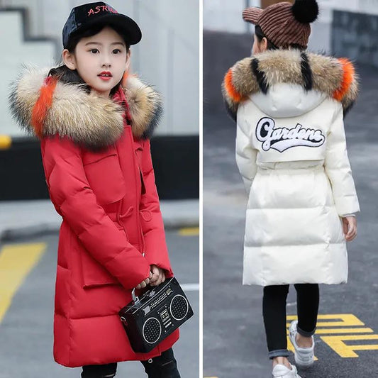 Children's Cotton-padded Clothes Girls' Winter Jacket Big Children Thickening Medium-length Cotton Jackets Large Fur Collar