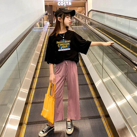 Girls Summer Clothes Breathable Loose Soft Cool Dance Suit Suit Letter Printing Short-sleeved Casual Wide-leg Pants Two-piece Set