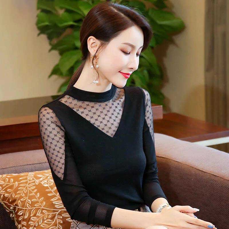 Shirt Women's Thin Spring and Summer Mesh Bottoming Shirt Long-sleeved Sexy Black Inner T-shirt