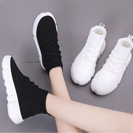 High-top Shoes Women's Summer New Style Shoes Flying Woven Breathable Casual Sports White Shoes