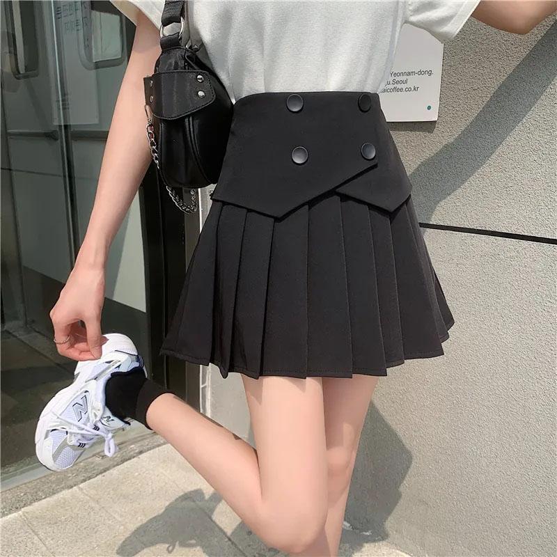Women's Summer Pleated Skirts Button Design Irregular High Waist Slim A-line Skirts Safety Pants Lining Mini Skirts All Match Casual Tennis Skirt