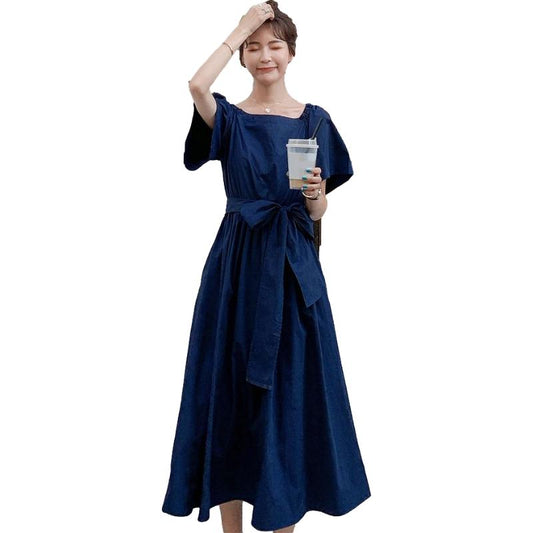 Female Plus Size Bubble Sleeve Elegant Holiday Dress Summer Vintage Big Bow Slim Vacation Dress