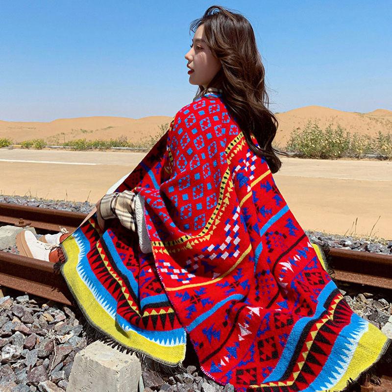 Ladies Retro Style Temperament Shawl Cloak Thickened Warmth Loose Dual-use Cloak Scarf Shawl Travel Grassland Desert Cloak Wrap
