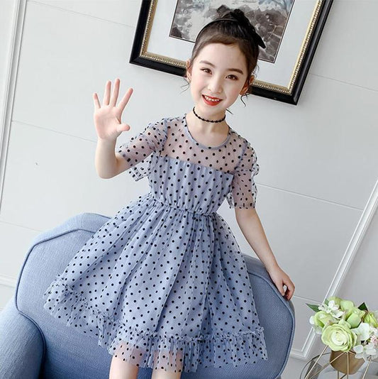 Children Dress Spring Summer Kids Clothing Baby Girls Clothing Wave Point Short Sleeve Dress Girl Mesh Dress Ruffle