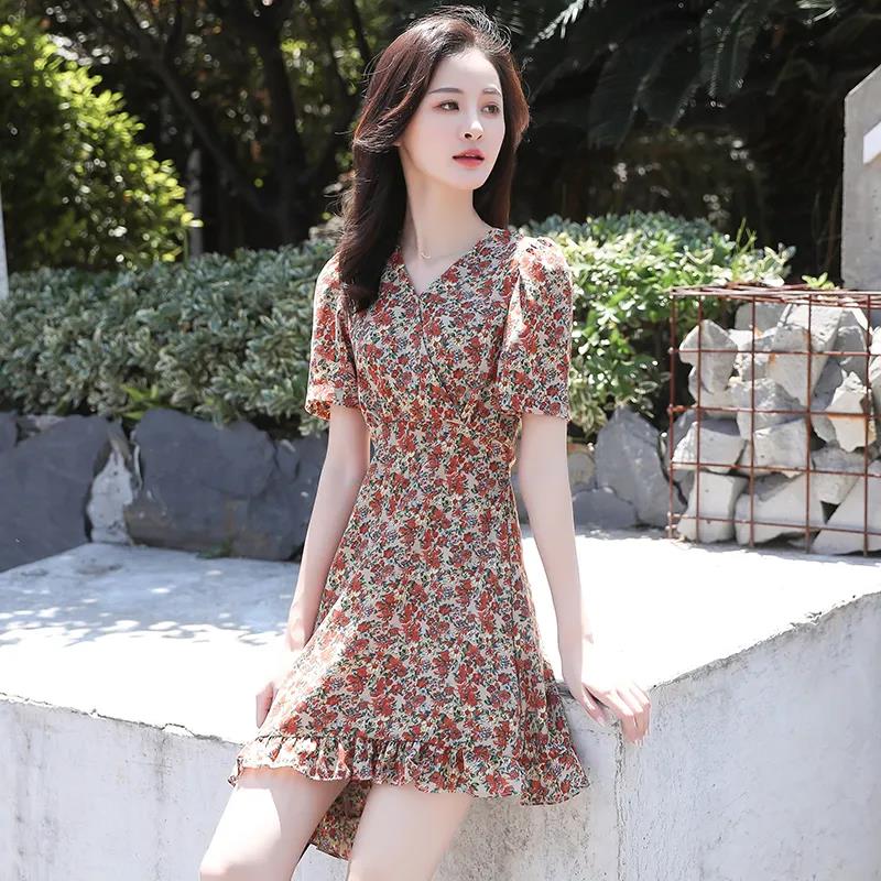 Women's Summer Floral Dress V-neck Slim Ruffled Mid-length Skirt