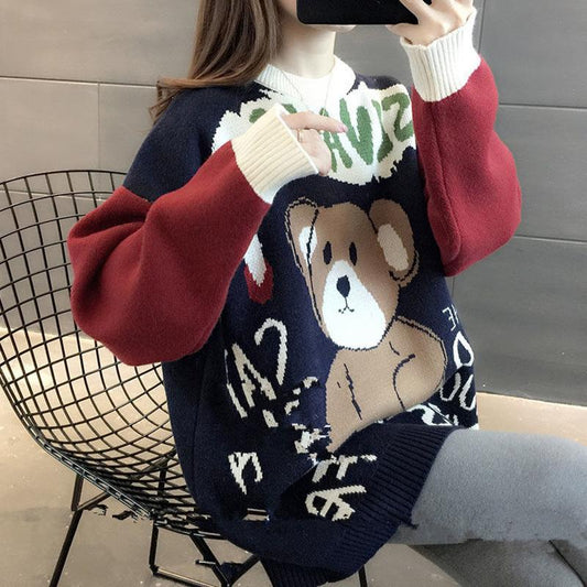 Autumn Winter Women Fashion Sweater Casual Knitting Sweater Round Neck Pullovers Loose Retro Long Sleeve Sweater
