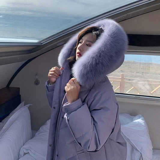 Down Jacket Women's Mid-length White Duck Down Korean Style Loose Over-the-knee Jacket Design Sense of Winter Big Fur Collar Tide