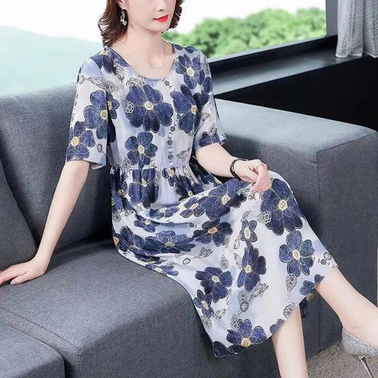 Women's Slim A-line Skirt Summer Short Sleeve Mid Length Floral Large Size Dress