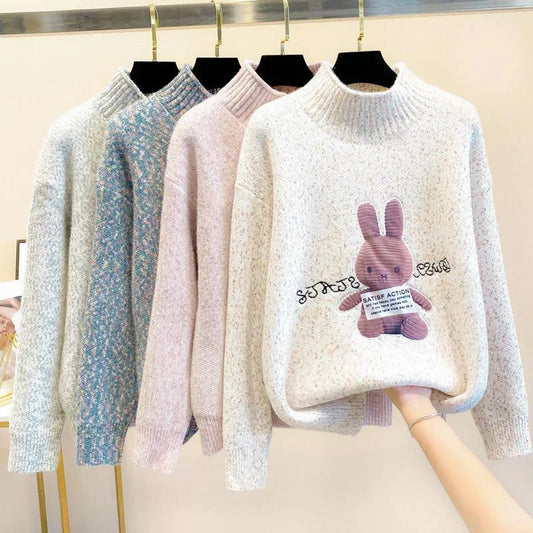 Faux Mink Half Turtleneck Sweater Rabbit Patch Loose Pullover Sweater Casual Plus Size Women's Sweater