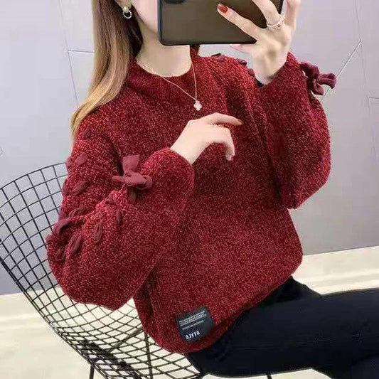 Fleece Chenille Crew Neck Sweater Tie Bow Long Sleeve Knit Sweater Solid Color Loose Oversized Sweater