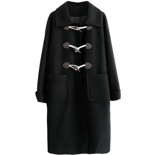Autumn and Winter Woolen Coat Fashionable Horns Buttoned Woolen Coat Women's Thick Large Size Mid-length Over-the-knee Coat
