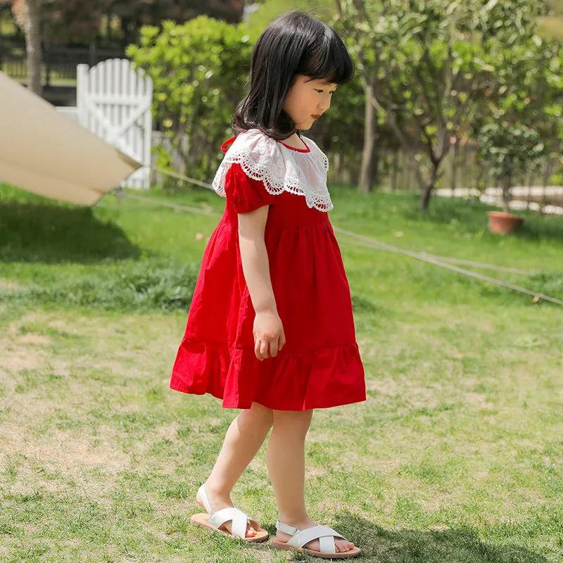 Girls Red Dress Summer Dress Children Summer Puff Sleeve Princess Skirt A-Line Dress Round Neck Short Sleeves