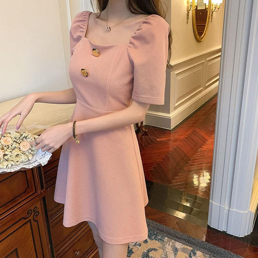 Women's Dress Waist Slim Summer Square Collar Button A-line Skirt