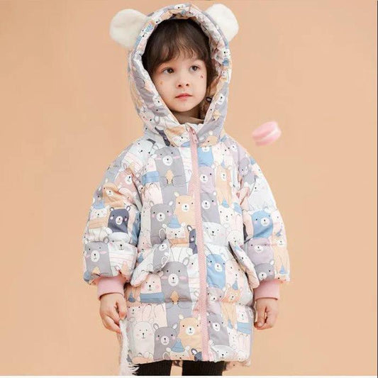 White Duck Down Children's Down Jacket Girls Mid-length Coat Baby Middle and Small Children Winter Thick Hooded Printed Cotton Jackets