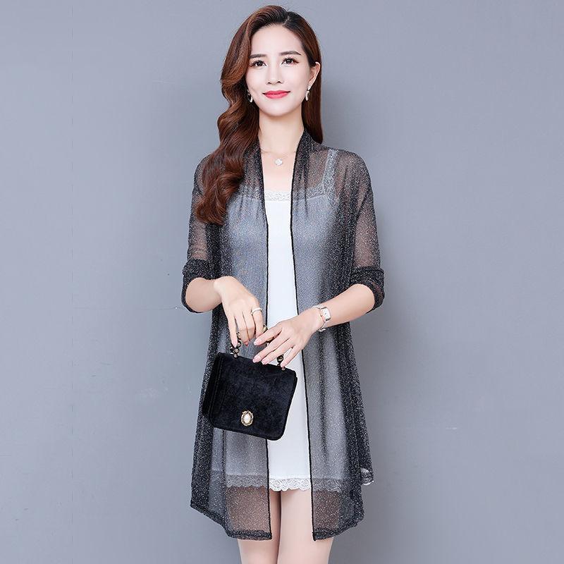Plus Size Shawl Mesh Mid-length Coat Women's Thin Long-sleeved Waistcoat Loose Fashion Cardigan