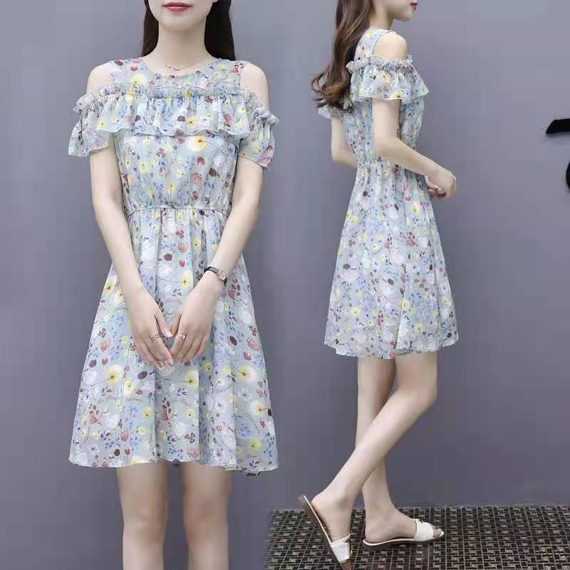 Chiffon Dress Women's Waist Slimming Strapless Skirt One-shoulder Floral Skirt A-line Dress Floral Short Skirt Fabric Lightweight and Breathable