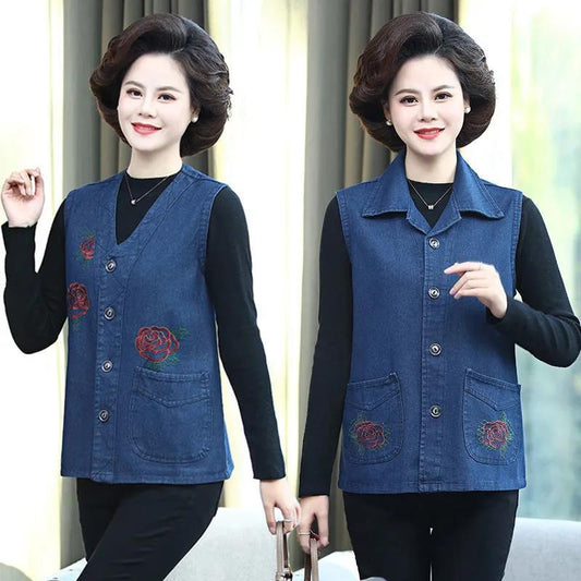 Flower Embroidery Solid Color Big Pocket Women's Denim Vest Sleeveless Spring and Autumn Loose Casual Coat Waistcoats
