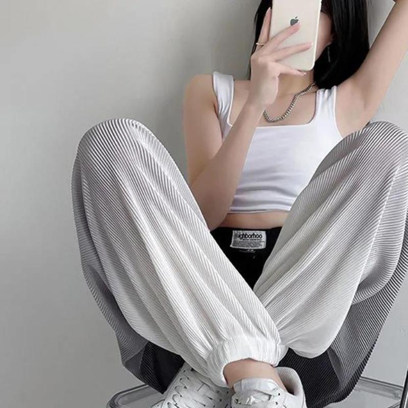 Ice Silk Pants Women's Summer Thin Section Beamed Summer Loose and Thin High Waist Elastic Casual Nine-point Harem Pants