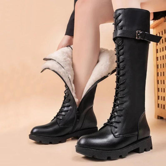 Genuine Leather Boots Women Wool Fur Boots Winter Shoes High Heels Knee High Boots Black Warm Shoes Fashion Plus Size 35-42
