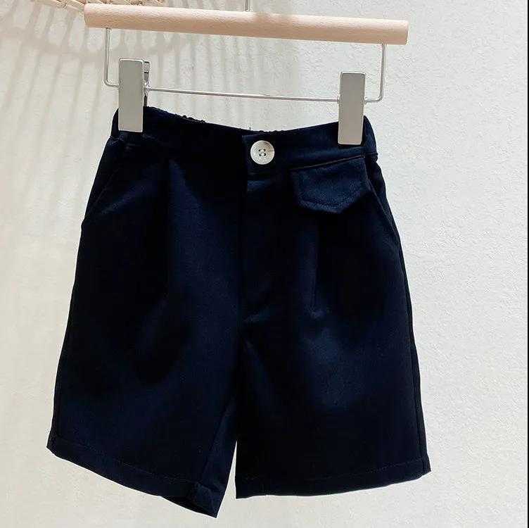 Boy's Suit Summer Small and Medium-sized Children's Striped T-shirt Thin Section Solid Color Button Children's Shorts Tide Two-piece Suit