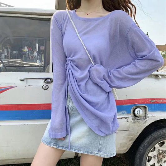 Fall Women's Hollow out Bandage Round O-neck Autumn Long Sleeve Casual Loose T-shirt Blouse Pure color Leisure Tee