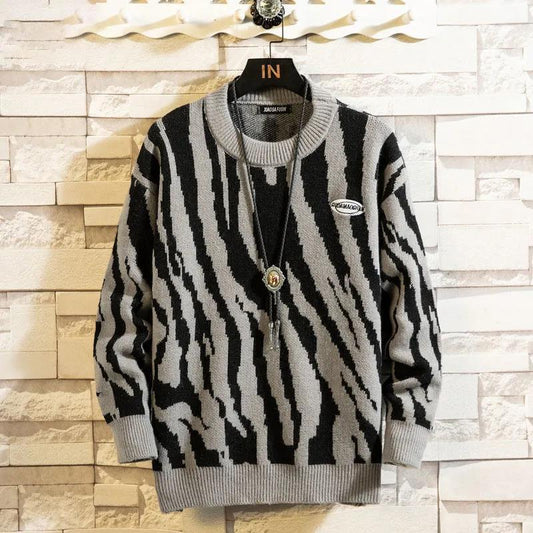 Autumn and Winter Knit Sweater Loose Sweater Zebra Striped Retro Color Matching Sweater Suitable for Students and Young Men
