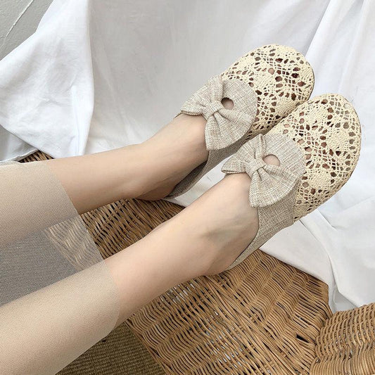 2020 Mesh Half Slippers Female Summer Hollow Linen Woven Bow Bow Lazy Outdoor Sandals and Slippers Female Summer