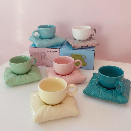 Pillow Coffee Mug Tiffany Cup with Saucer Summer Breakfast Milk Cup Dish Set Ceramic Afternoon Tea Cup Gift for Friends