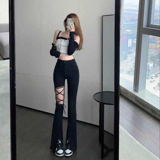 Hong Kong Flavor Hollow Strap Micropaped Fork Is Thin Black Jeans Female Mopping Pants Tide