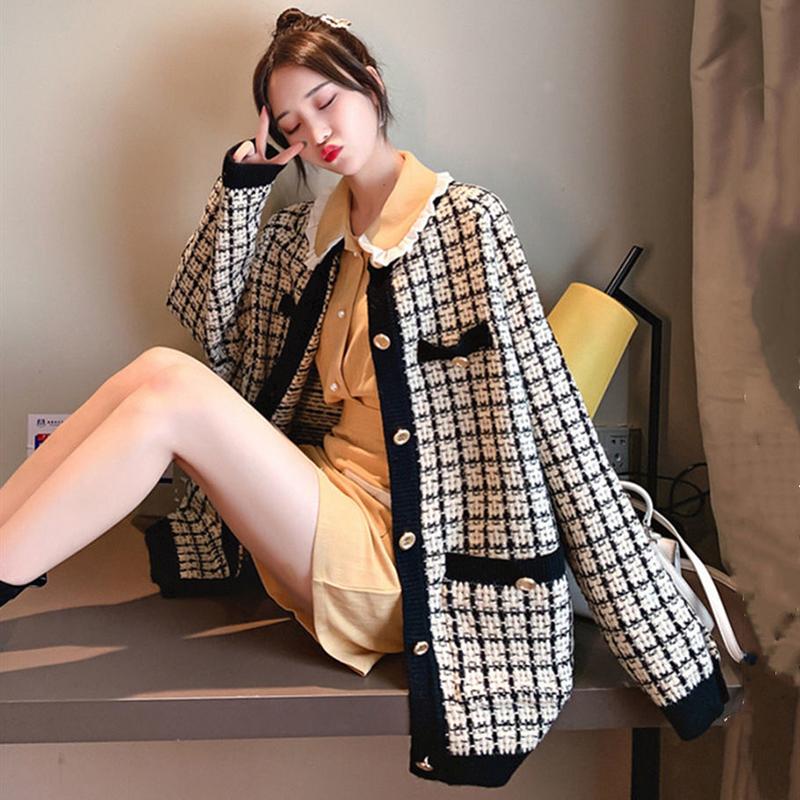 Sweater Jacket Women's Small Fragrance Knit Cardigan Houndstooth Low Round Neck Loose Temperament Women's Casual Warm Jacket
