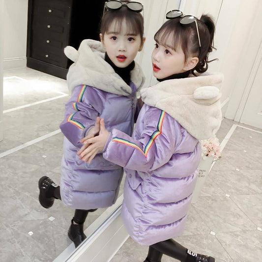 Children's Clothing Girls' Winter Clothing Mid-length Padded Coat Autumn Children's Foreign Style Padded Coat Cotton Coat Cute